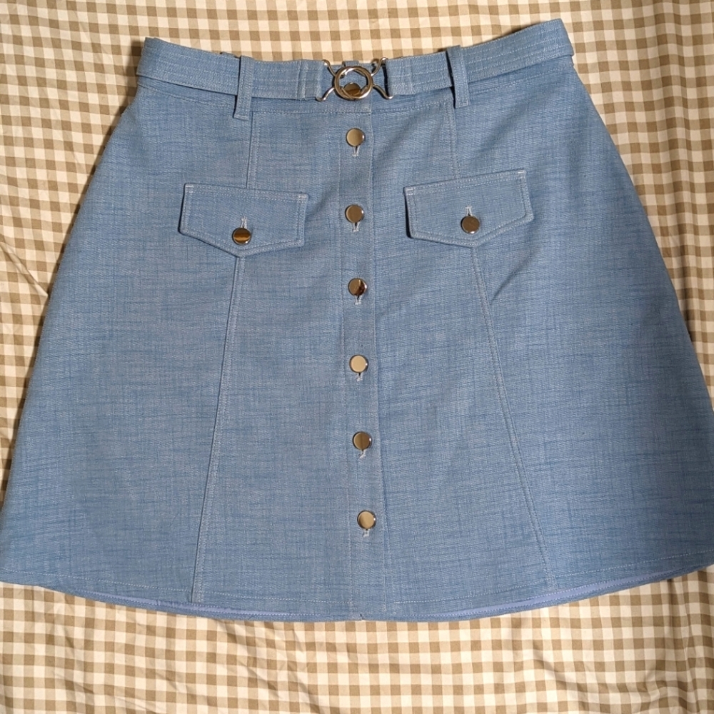 MAJE Silver button up belted skirt, Sky Blue, Size 40